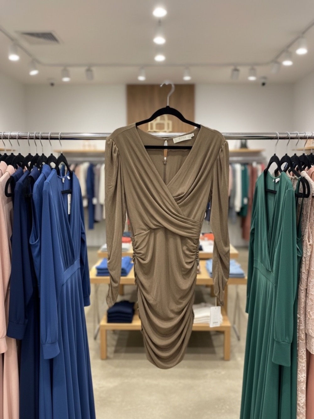 ASTR the Label Nude Long Sleeve Ruched Mini Dress